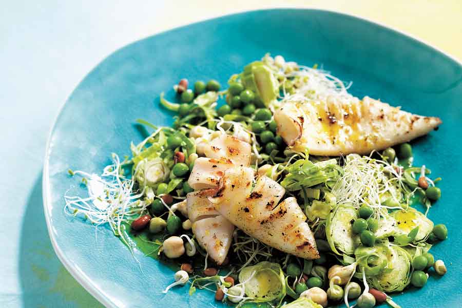 Sprouts-and-Peas-with-Lemon-Pepper-Squid_Food-for-Life_Michelle-Bridges