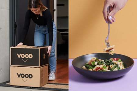 VOOD ready-made meals being delivered beside an image of hand with fork eating VOOD pasta dish